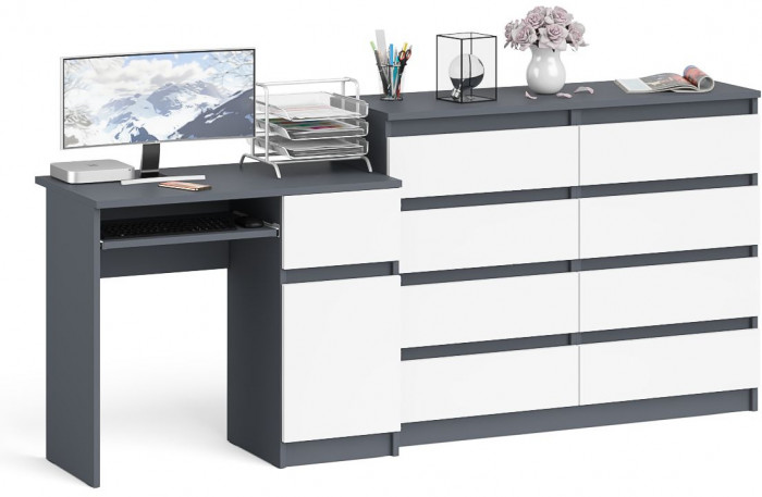 Мори Стол компьютерный МС-1 правый + Комод МК1200.8, цвет графит/белый, ШхГхВ 210,4х50х94 см., выдвижной ящик справа, НЕ универсальная сборка