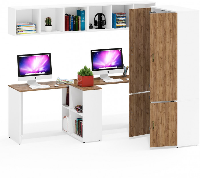 Лидер-8 Стол + Полка + Стол + Полка + Шкаф МД 20Б, цвет белый шагрень/крафт золото, ШхГхВ 410х50/37,5х75/190 или 230х160/50х75/190 см., НЕ ун. сборка