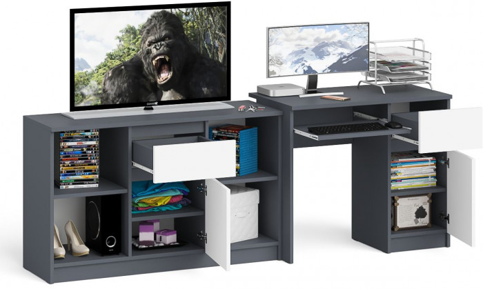 Мори Стол компьютерный МС-1 правый + Тумба МТВ1204.1, цвет графит/белый, ШхГхВ 210,4х50х76,6 см., выдвижной ящик справа, НЕ универсальная сборка