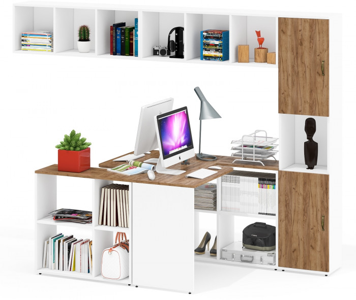 Лидер-8 Стол + Полка + Стол + Полка + Пенал, белый шагрень/крафт золото