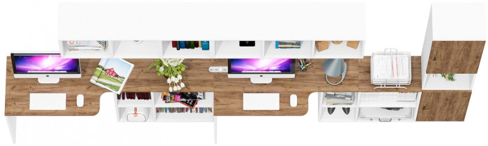 Лидер-8 Стол + Полка + Стол + Полка + Пенал, белый шагрень/крафт золото