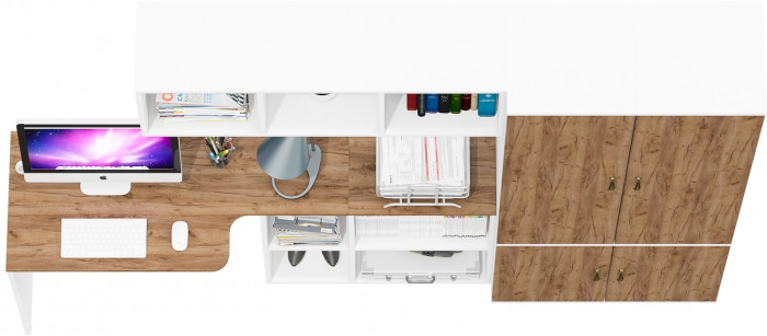Лидер-8 Стол + Полка + Пенал МД 22Б + Пенал МД 22Б, цвет белый шагрень/крафт золото, ШхГхВ 245х50/37,5х75/190 или 115х160/50х75/190 см., НЕ ун. сб.