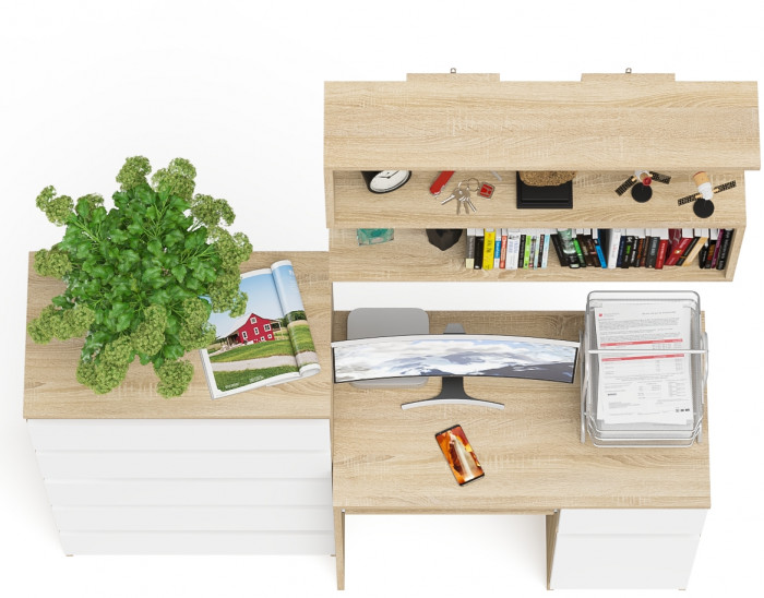 Мори Стол компьютерный МС-1 правый + Комод МК700.5 + Полка 900, цвет дуб сонома/белый, ШхГхВ 160,4х50х209,6 см., НЕ универсальная сборка