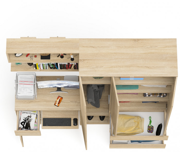 Мори Стол компьютерный МС-1 левый + Шкаф МШ1200.1 + Полка 900, цвет дуб сонома, ШхГхВ 210,4х50,4х209,6 см., НЕ универсальная сборка