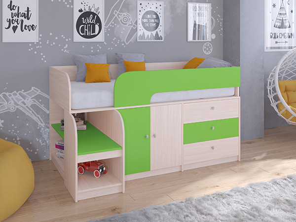 Кровать чердак Астра 9 V1 Дуб молочный/Салатовый
