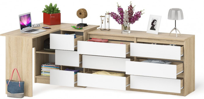 Мори Стол компьютерный МС-16 правый + Комод МК1380.6, цвет дуб сонома/белый, ШхГхВ 262,4х84,9х76,6 см., выдвижные ящики справа, НЕ универс. сборка