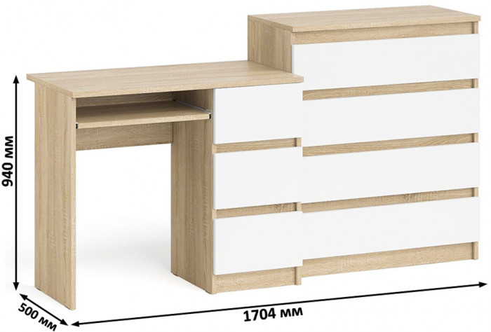 Мори Стол компьютерный МС-6 правый + Комод МК800.4, цвет дуб сонома/белый, ШхГхВ 170,4х50х94 см., выдвижные ящики справа, НЕ универсальная сборка