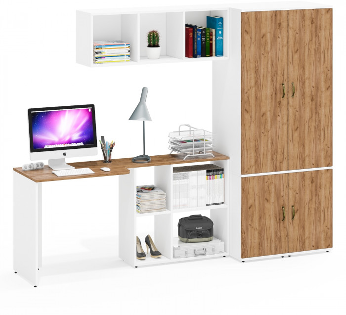 Лидер-8 Стол + Полка + Пенал МД 23Б + Пенал МД 23Б, цвет белый шагрень/крафт золото, ШхГхВ 245х50х75/190 или 115х160/50х75/190 см., НЕ ун. сборка