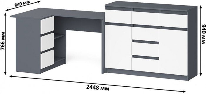 Мори Стол компьютерный МС-16 левый + Комод МК1200.4, цвет графит/белый, ШхГхВ 244,8х84,9х94 см., выдвижные ящики слева, НЕ универсальная сборка