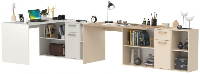 Два Стола письменных Лайт 03.245F, цвет белый шагрень/сатин/дуб эндгрейн элегантный, ШхГхВ 342,7х136х75,2 см.(угл.) или 407х68х75,2 см.(пр.), ун. сб.