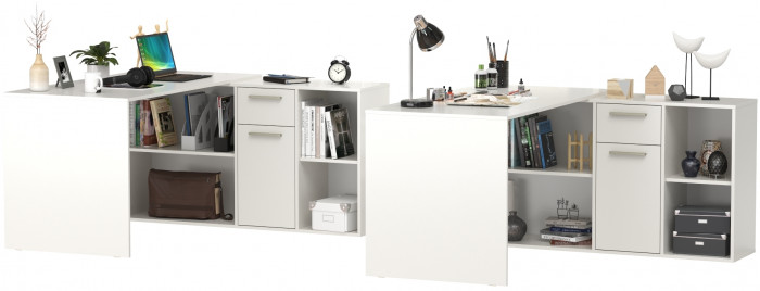 Два Стола письменных Лайт 03.245F, цвет белый шагрень/сатин/дуб эндгрейн элегантный, ШхГхВ 342,7х136х75,2 см.(угл.) или 407х68х75,2 см.(пр.), ун. сб.