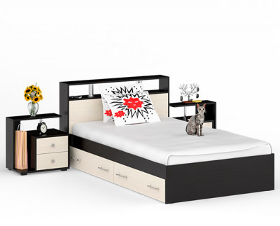 Камелия Кровать с ящиками 1200 + две тумбы, цвет венге/дуб лоредо, ШхГхВ 236х217х78,2 см., сп.м. 1200х2000 мм., без матраса, основание есть