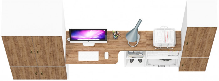 Лидер-8 Шкаф МД 19Б + Стол + Пенал 21Б, белый шагрень/крафт золото