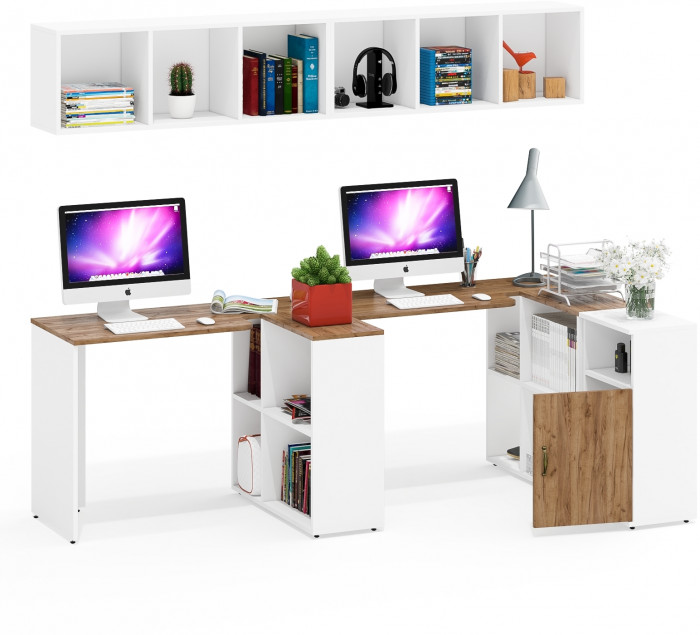 Лидер-8 Стол + Полка + Стол + Полка + Тумба МД 3.19, белый шагрень/крафт золото