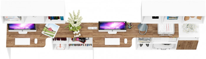 Лидер-8 Стол + Полка + Стол + Полка + Тумба МД 3.19, белый шагрень/крафт золото