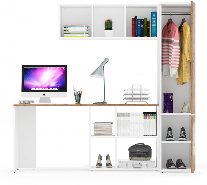 Лидер-8 Стол + Полка + Пенал МД 23Б, цвет белый шагрень/крафт золото, ШхГхВ 205х50/50х75/190 или 115х50/120х75/190 см., НЕ универсальная сборка