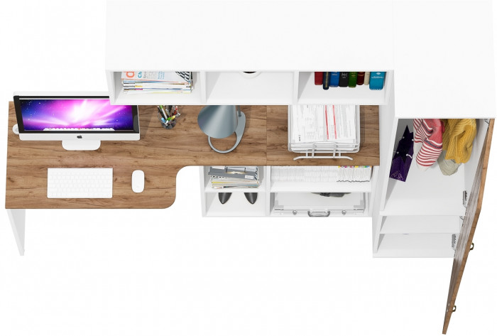 Лидер-8 Стол + Полка + Пенал МД 23Б, цвет белый шагрень/крафт золото, ШхГхВ 205х50/50х75/190 или 115х50/120х75/190 см., НЕ универсальная сборка