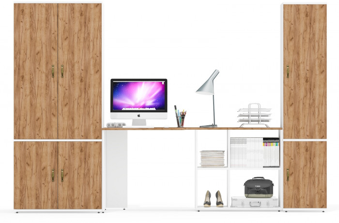 Лидер-8 Шкаф МД 19Б + Стол + Пенал 22Б, белый шагрень/крафт золото