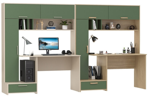 Два Стола письменных Лайт 03.243Н, цвет сатин/дымчатый зелёный/плэйн/дымчатый зелёный, ШхГхВ 300,4х57,3х179,9 см., НЕ универсальная сборка