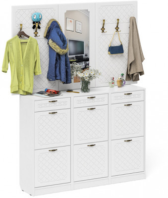 Прихожая П-6 Компоновка № 06, цвет белая шагрень/фасады МДФ белое дерево фрезеровка ромб, ШхГхВ 170х35х200 см., универсальная сборка