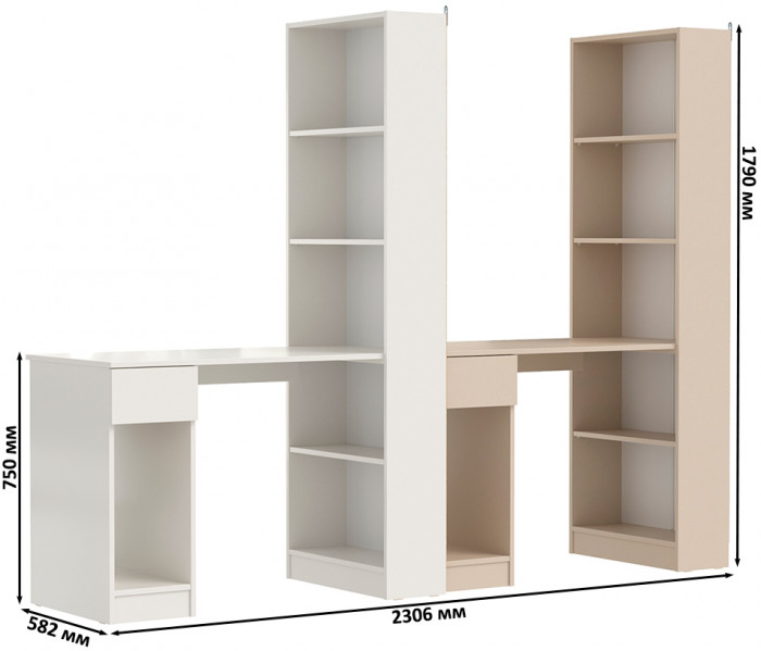 Два Стола письменных Лайт 10.01, цвет белый гладкий/сатин, ШхГхВ 230,6х58,2х179 см., универсальная сборка(обязательно крепление к стене)