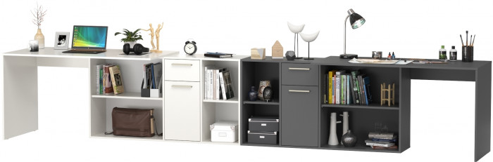 Два Стола письменных Лайт 03.245, цвет белый шагрень/тёмно-серый, ШхГхВ 342,9х136х75,2 см.(угловой) или 407,2х60х75,2 см.(прямой), универс. сборка