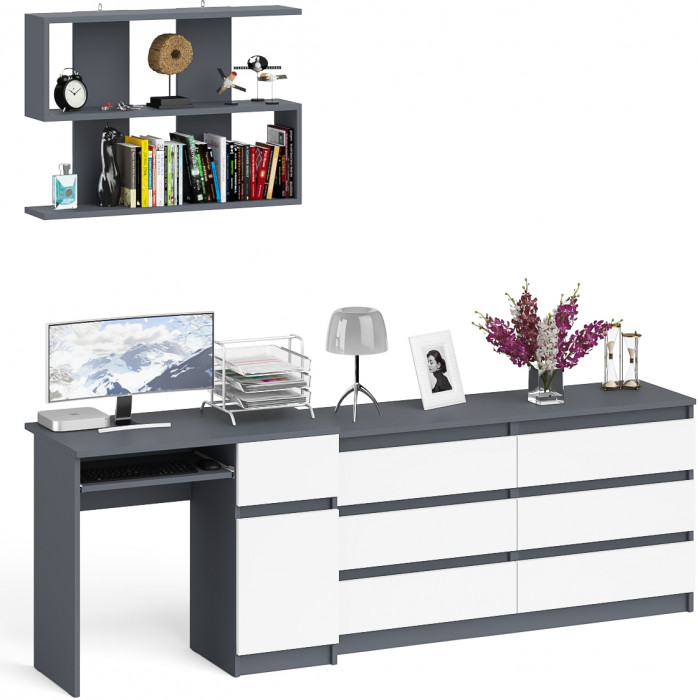 Мори Стол компьютерный МС-1 правый + Комод МК1380.6 + Полка 900, цвет графит/белый, ШхГхВ 228х50х209,6 см., НЕ универсальная сборка
