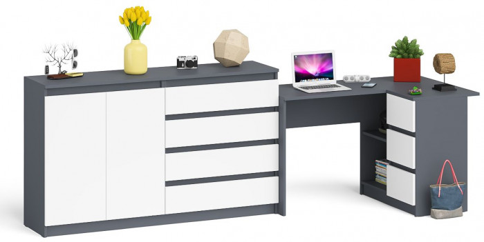 Мори Стол компьютерный МС-16 правый + Комод МК1600.1, цвет графит/белый, ШхГхВ 284,8х84,9х94 см., выдвижные ящики справа, НЕ универсальная сборка