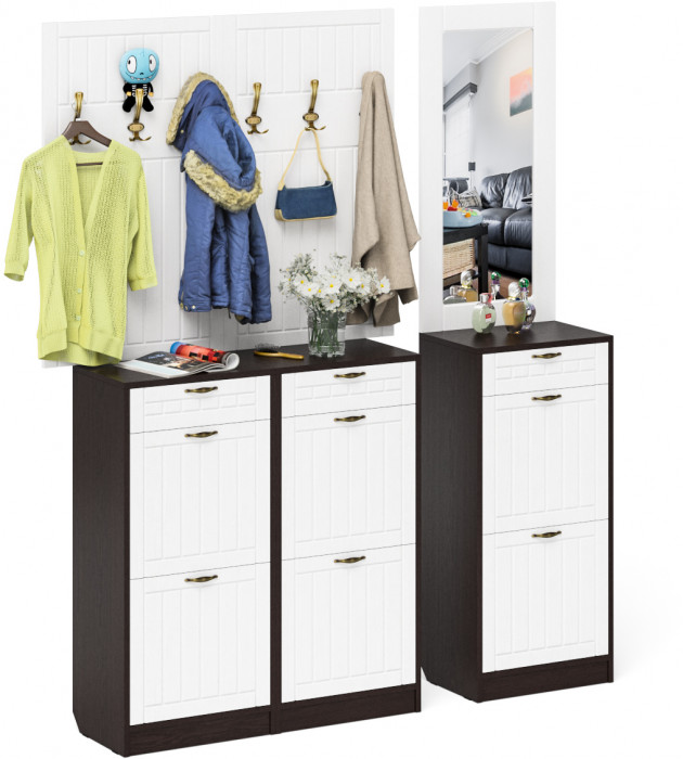 Прихожая П-6 Компоновка № 06, цвет венге/фасады МДФ белое дерево фрезеровка прованс, ШхГхВ 170х35х200 см., универсальная сборка