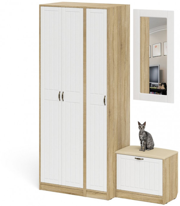 Прихожая П-6 Компоновка № 46, цвет дуб сонома/фасады МДФ белое дерево фрезеровка прованс, ШхГхВ 150х50х210 см., универсальная сборка