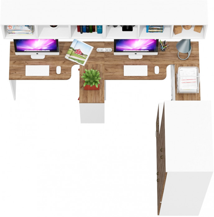 Лидер-8 Стол + Полка + Стол + Полка + Шкаф МД 19Б + Тумба МД 3.16, белый шагрень/крафт золото