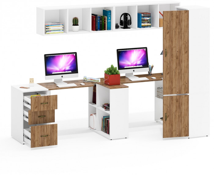 Лидер-8 Стол + Полка + Стол + Полка + Пенал МД 21Б + Тумба МД 3.16, цвет белый шагрень/крафт золото, 410х50/37,5х75/190 или 270х120/50х75/, НЕ ун. сб.