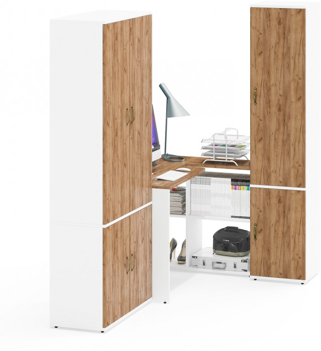 Лидер-8 Шкаф МД 20Б + Стол + Пенал 21Б, цвет белый шагрень/крафт золото, ШхГхВ 285х50/37,5х75/190 или 195х120х75/190 см., НЕ ун.сб.