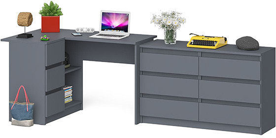 Мори Стол компьютерный МС-16 левый + Комод МК1200.6, цвет графит, ШхГхВ 244,8х84,9х76,6 см., выдвижные ящики слева, НЕ универсальная сборка