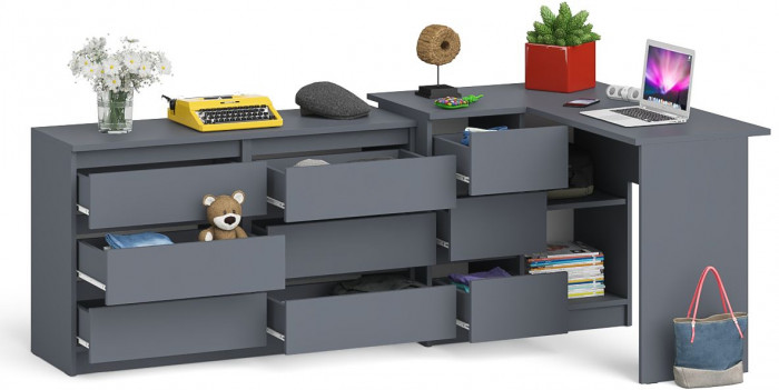Мори Стол компьютерный МС-16 левый + Комод МК1200.6, цвет графит, ШхГхВ 244,8х84,9х76,6 см., выдвижные ящики слева, НЕ универсальная сборка