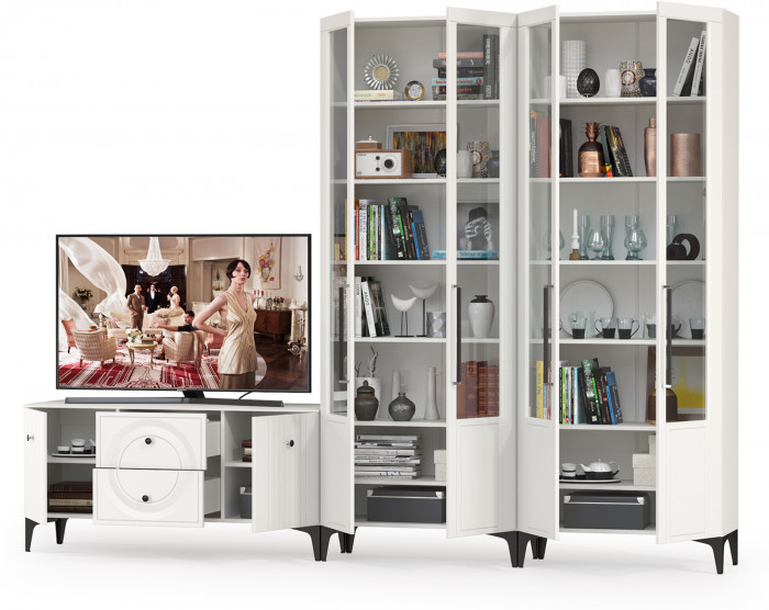 Валенсия Гостиная № 073, цвет ЛДСП белый шагрень/МДФ белый шагрень, ШхГхВ 301,3х38,3х225,2 см., универсальная сборка