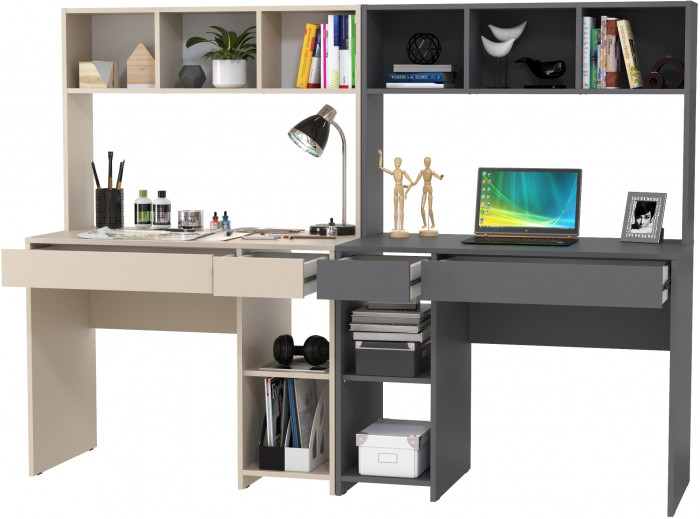 Стол компьютерный Комфорт 12.77F + Стол компьютерный Комфорт 12.77F, цвет сатин/тёмно-серый, ШхГхВ 200х49,8х147 см., универсальная сборка