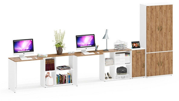 Лидер-8 Стол + Стол + Шкаф МД 20Б + Тумба МД 3.15, цвет белый шагрень/крафт золото, ШхГхВ 450х50/37,5х75/190 или 230х200/50х75/190 см., НЕ ун. сб.