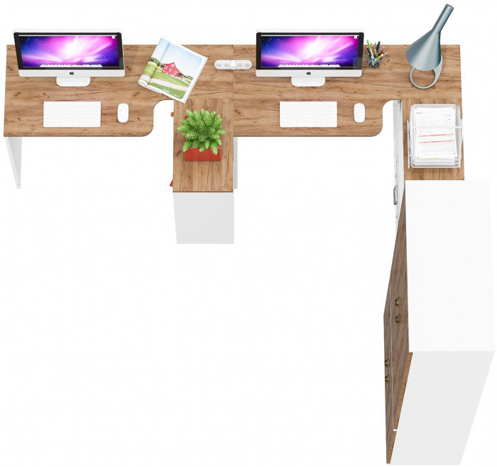 Лидер-8 Стол + Стол + Шкаф МД 20Б + Тумба МД 3.15, цвет белый шагрень/крафт золото, ШхГхВ 450х50/37,5х75/190 или 230х200/50х75/190 см., НЕ ун. сб.