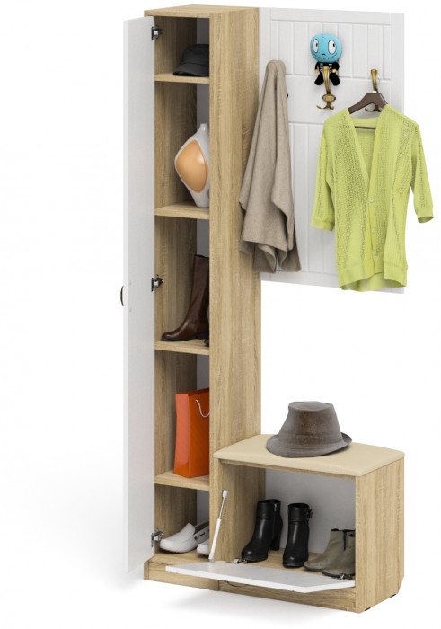 Прихожая П-6 Компоновка № 21, дуб сонома/фасады МДФ белое дерево фрезеровка прованс