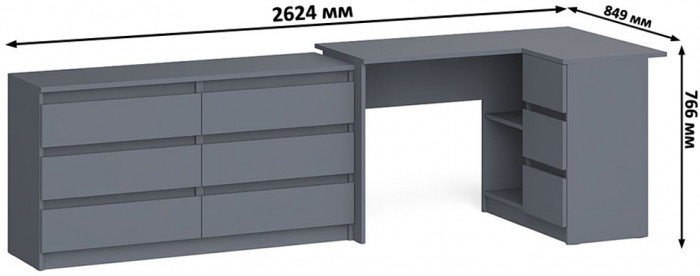 Мори Стол компьютерный МС-16 правый + Комод МК1380.6, цвет графит, ШхГхВ 262,4х84,9х76,6 см., выдвижные ящики справа, НЕ универсальная сборка