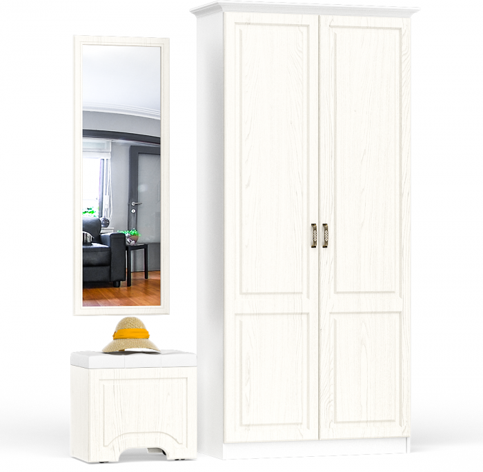 Ливерпуль Пуф 14.02 + Зеркало 03.242 + Шкаф для одежды + карниз 1000, цвет ясень ваниль/белый, универсальная сборка