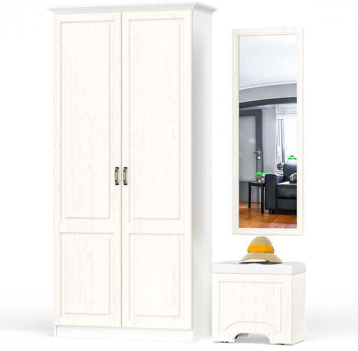 Ливерпуль Пуф 14.02 + Зеркало 03.242 + Шкаф для одежды + карниз 1000, цвет ясень ваниль/белый, универсальная сборка