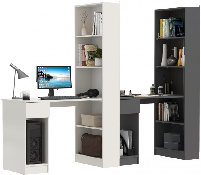 Два Стола письменных Лайт 10.01, цвет белый гладкий/тёмно-серый, ШхГхВ 230,6х58,2х179 см., универсальная сборка(обязательно крепление к стене)