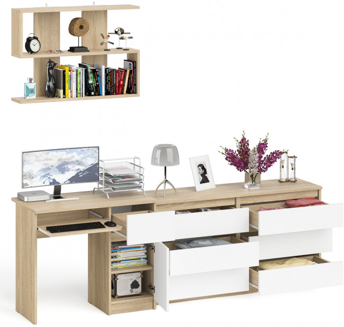 Мори Стол компьютерный МС-1 правый + Комод МК1380.6 + Полка 900, цвет дуб сонома/белый, ШхГхВ 228х50х209,6 см., НЕ универсальная сборка