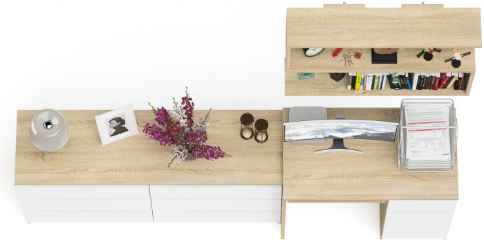 Мори Стол компьютерный МС-1 правый + Комод МК1380.6 + Полка 900, цвет дуб сонома/белый, ШхГхВ 228х50х209,6 см., НЕ универсальная сборка