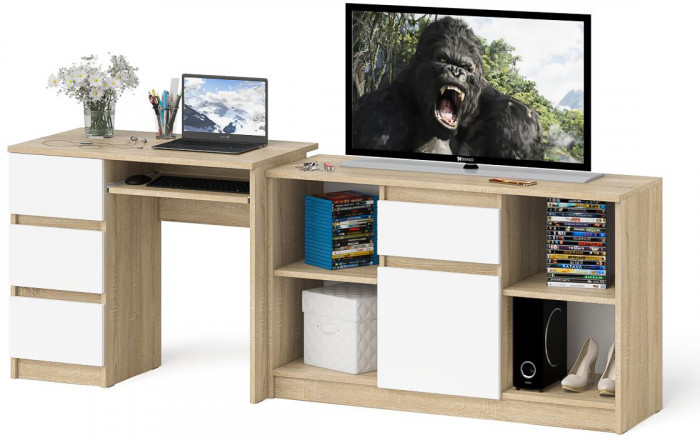 Мори Стол компьютерный МС-6 левый + Тумба МТВ1204.1, цвет дуб сонома/белый, ШхГхВ 210,4х50х76,6 см., выдвижные ящики слева, НЕ универсальная сборка
