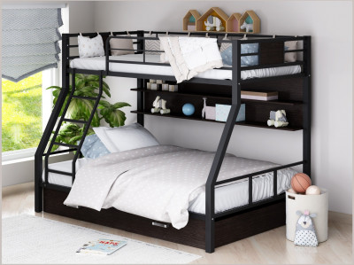 Двухъярусная кровать Гранада-1ПЯ, черная (Дуб Сонома, Слоновая кость)