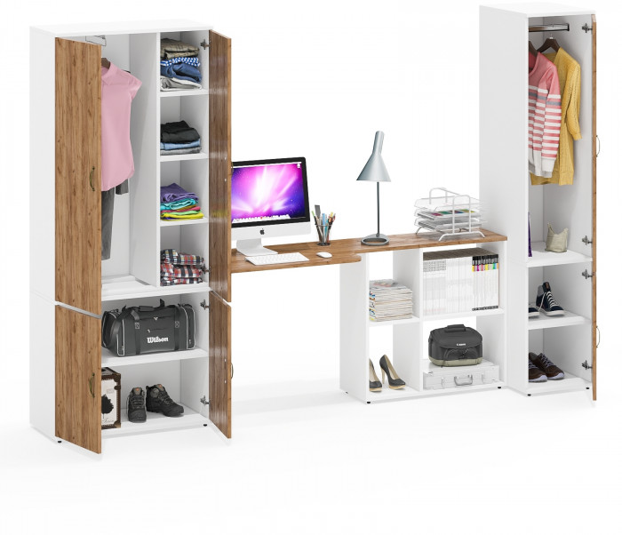 Лидер-8 Шкаф МД 20Б + Стол + Пенал 23Б, цвет белый шагрень/крафт золото, ШхГхВ 285х50/37,5х75/190 или 195х120х75/190 см., НЕ ун.сб.