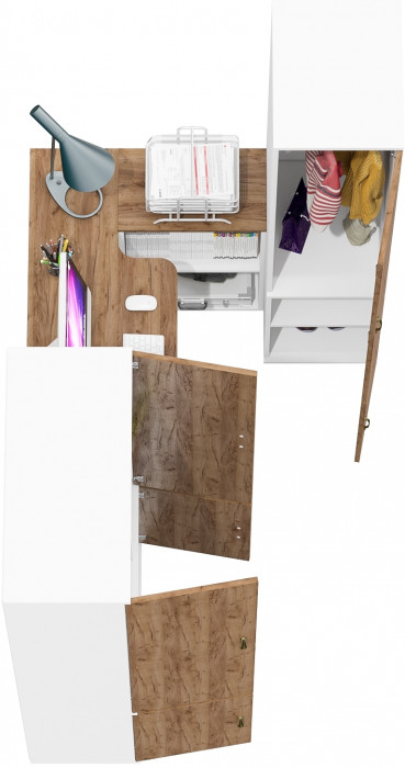 Лидер-8 Шкаф МД 20Б + Стол + Пенал 23Б, цвет белый шагрень/крафт золото, ШхГхВ 285х50/37,5х75/190 или 195х120х75/190 см., НЕ ун.сб.